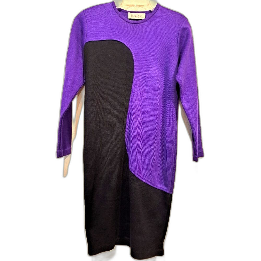 Vintage Raoul 80s Colorblock Purple Black Dress Long Sleeve Retro Costume sz M